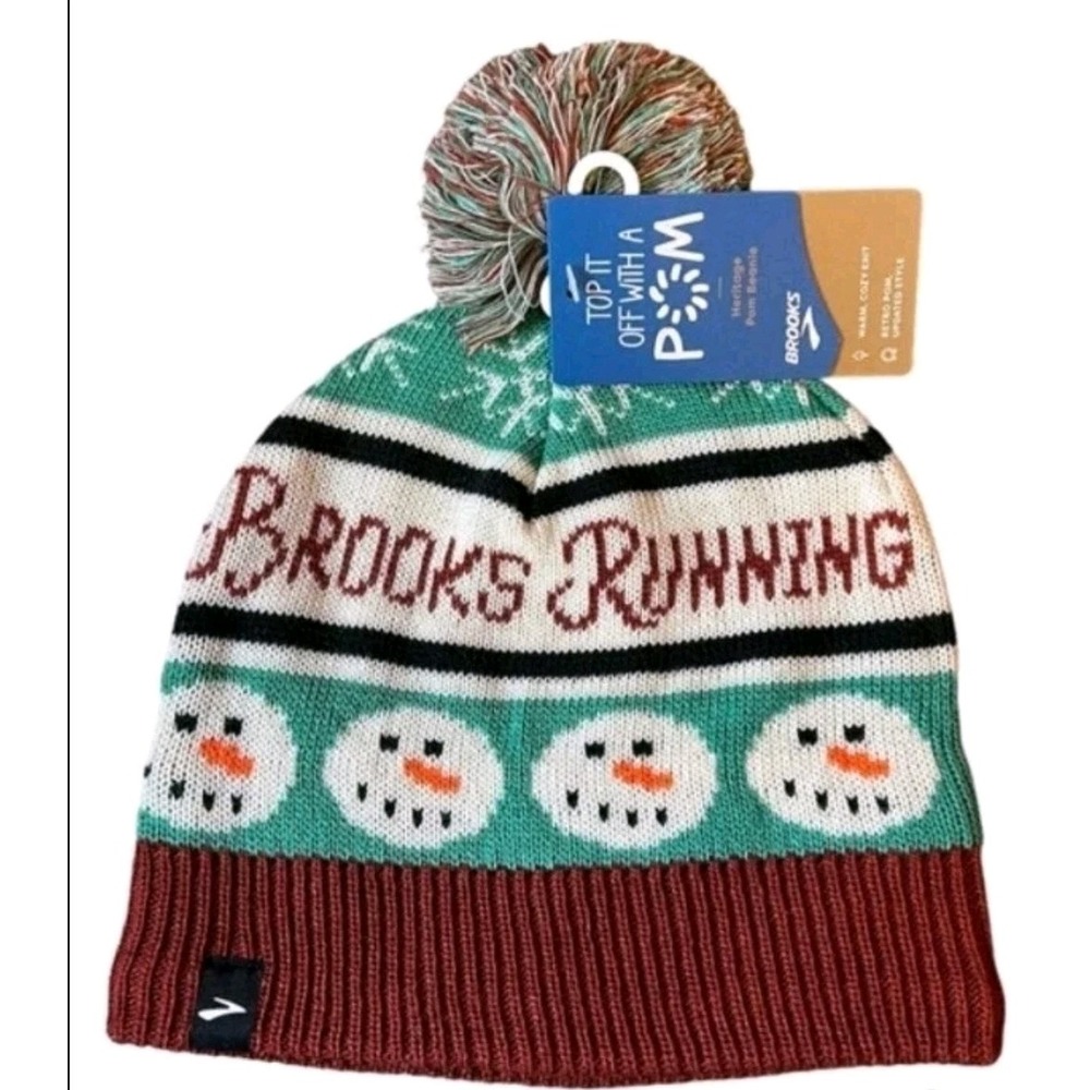 Brooks Running: Unisex Run Merry Pom Beanie Knit Hat Snowman Green Run Holidays